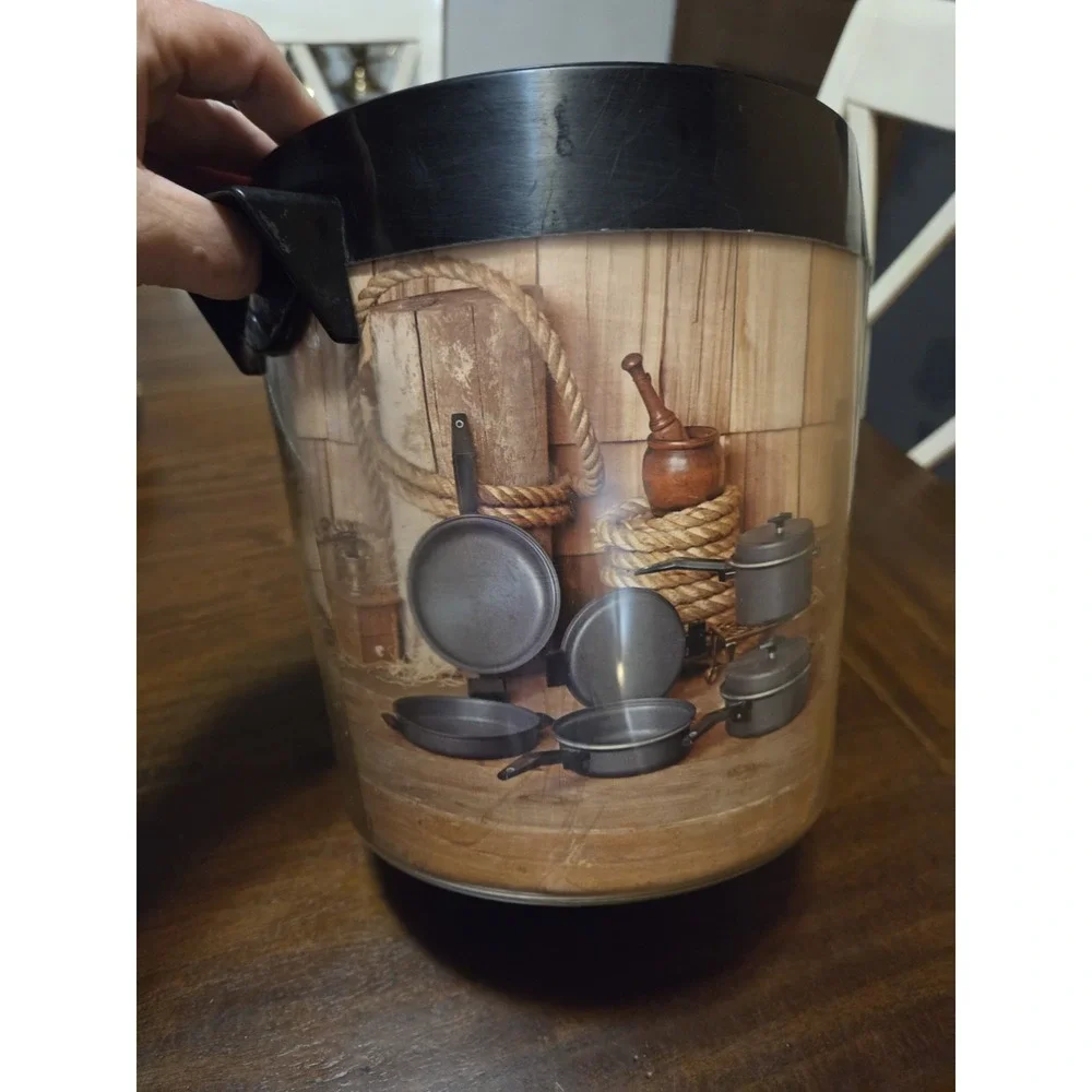 vintage West Bend Thermo-Serv ice bucket features a rustic sportsman design, Bar